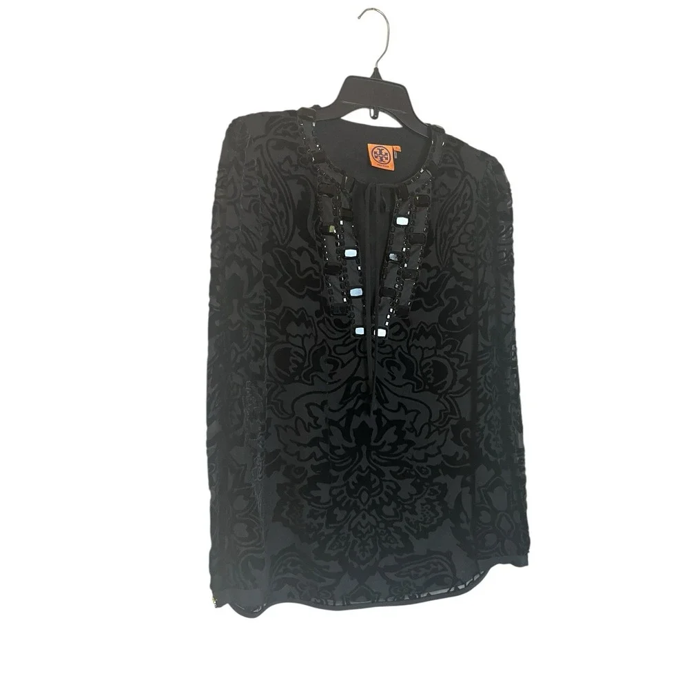 Tory Burch Auden Tunic Top Size 2 Black Tie-Neck Embellished Velvet Brocade